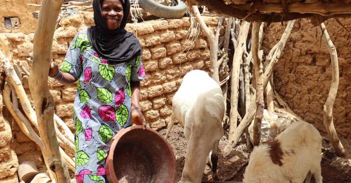 a women smiling next to two goats feeding goat farms