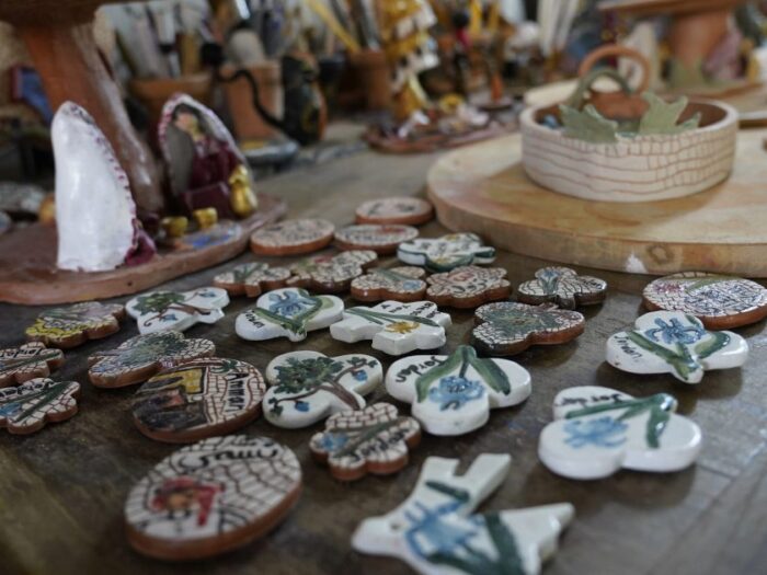 a group of ceramic ornaments on a table