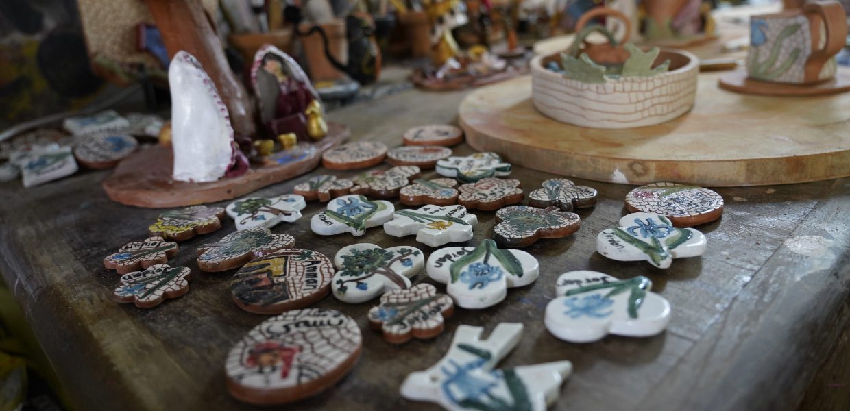 a group of ceramic ornaments on a table