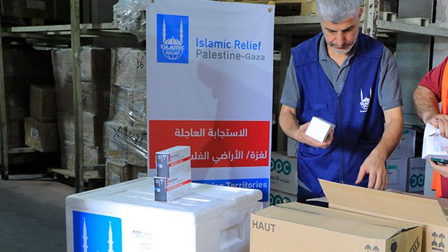 Image: Islamic Relief staff in Gaza preparing medical supplies to benefit 13 hospital in Gaza including Al-Shifaa hospital.