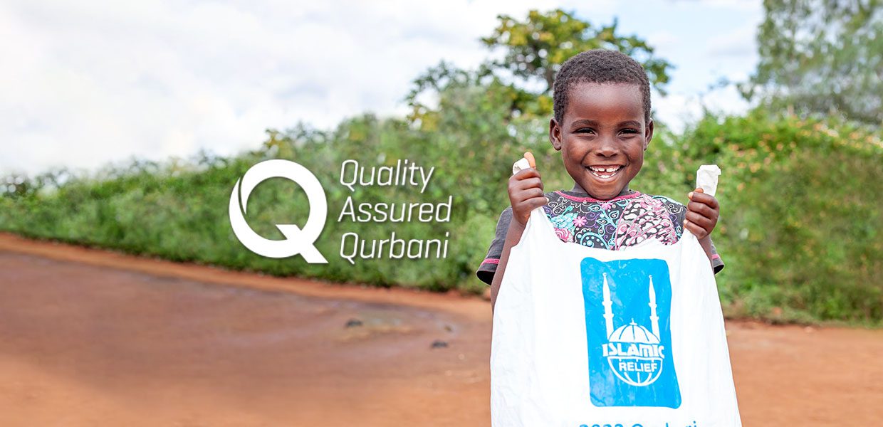 quality assured qurbani logo and islamic relief uk image of young girl holding a bag with islamic relief logo