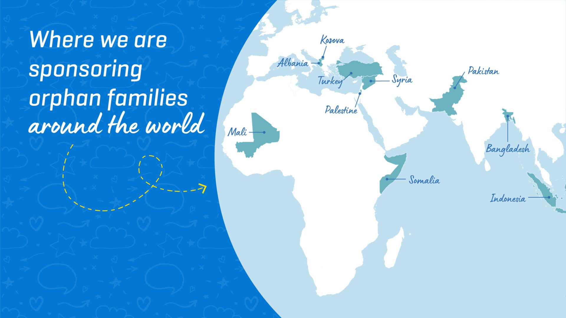 graphic of a world map listing where islamic relief are sponsoring orphan families around the world sponsor an orphan family