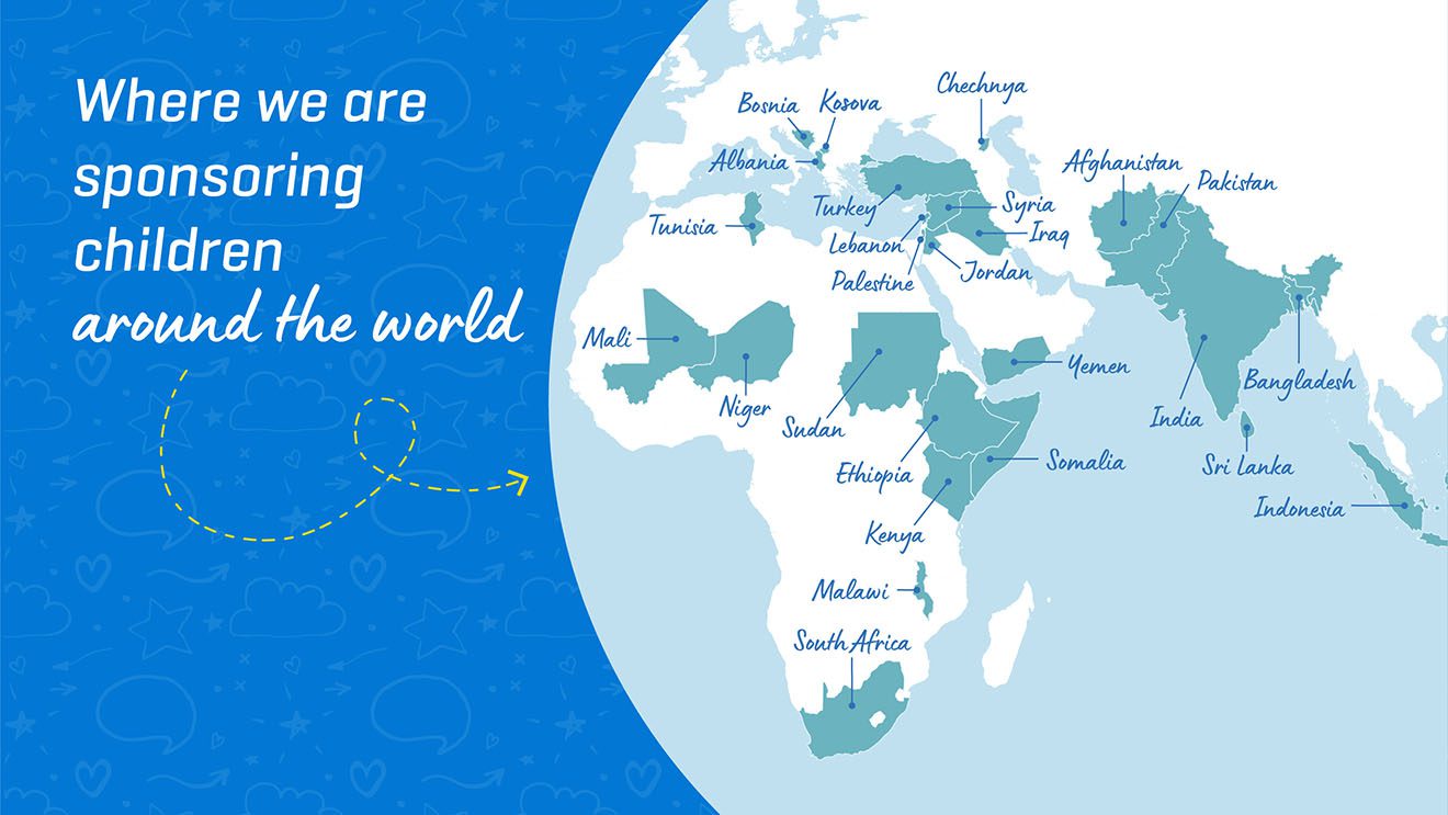 graphic of a world map listing where islamic relief are sponsoring orphan children around the world sponsor an orphan